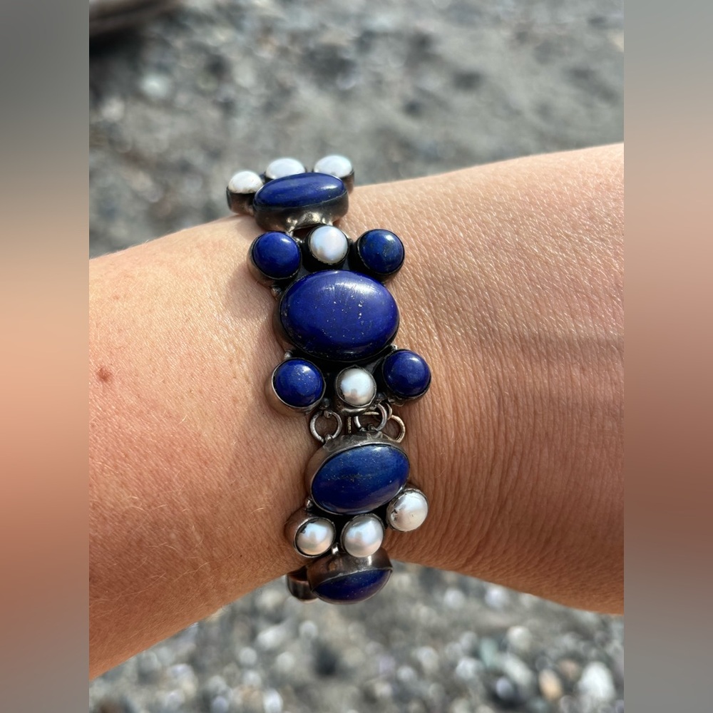VINTAGE Large Lapis Lazuli Genuine Pearl Sterling Silver 925 Art Deco Bracelet
